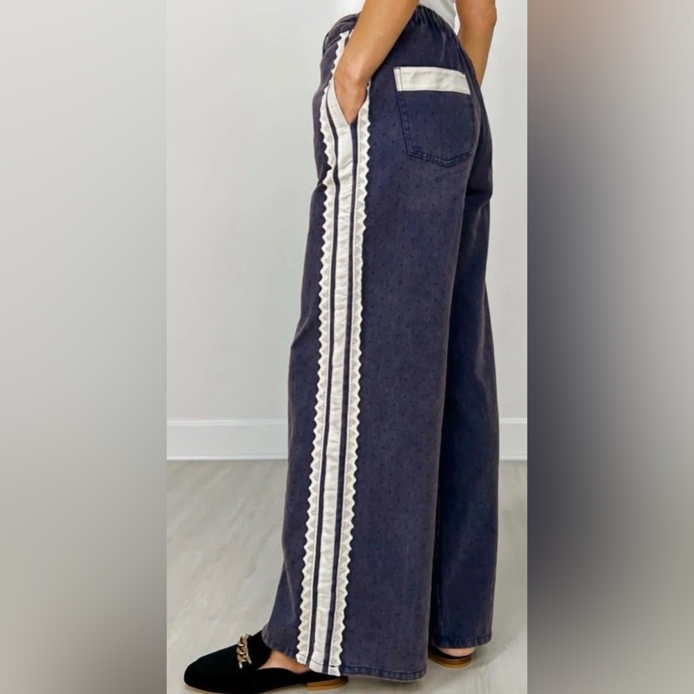 NWT ODDI Acid Washed Denim Pants with White Scalloped Lace Trim Track Stripes